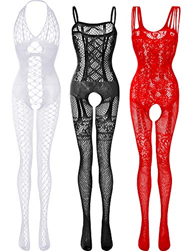 3 Pieces Womens Lace Stockings Lingerie Floral Fishnet Bodysuits Lingerie Nightwear for Romantic Date Wearing