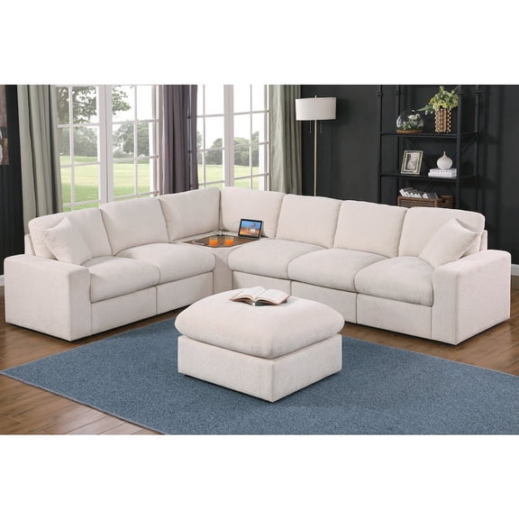 Devion Furniture Sectional Sofa With Table Cupholder Console And Ottoman - Beige Chenille