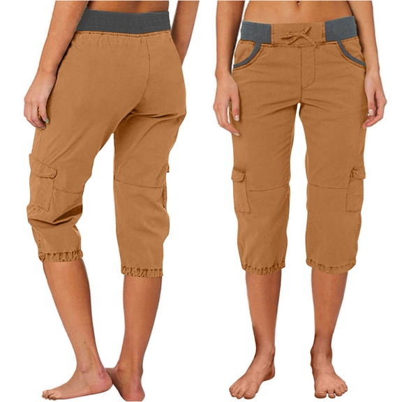 Womens Outdoor Cargo Capris Drawstring Elastic Waist Casual Hiking Jogger Pants with Multi Pockets Brown S