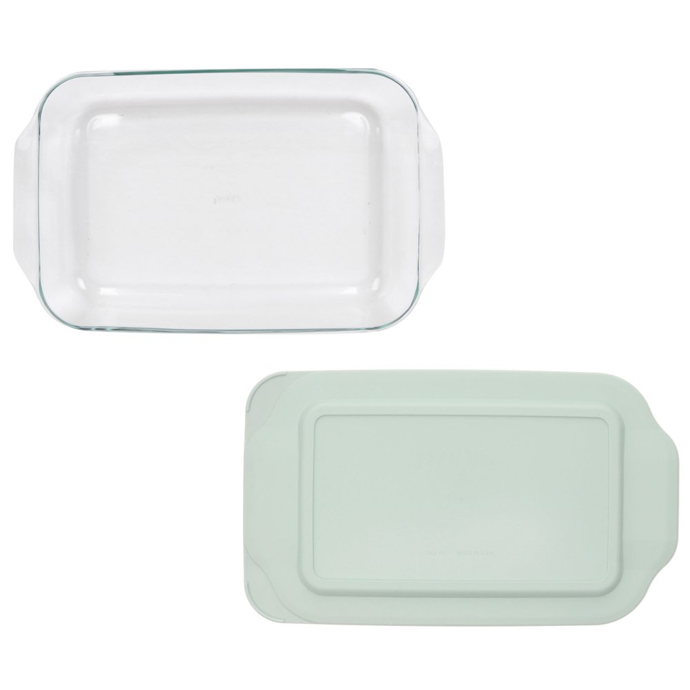 Pyrex 233 Oblong Rectangular Clear Glass Casserole Baking Dish w/ 233PC Sage green Lid