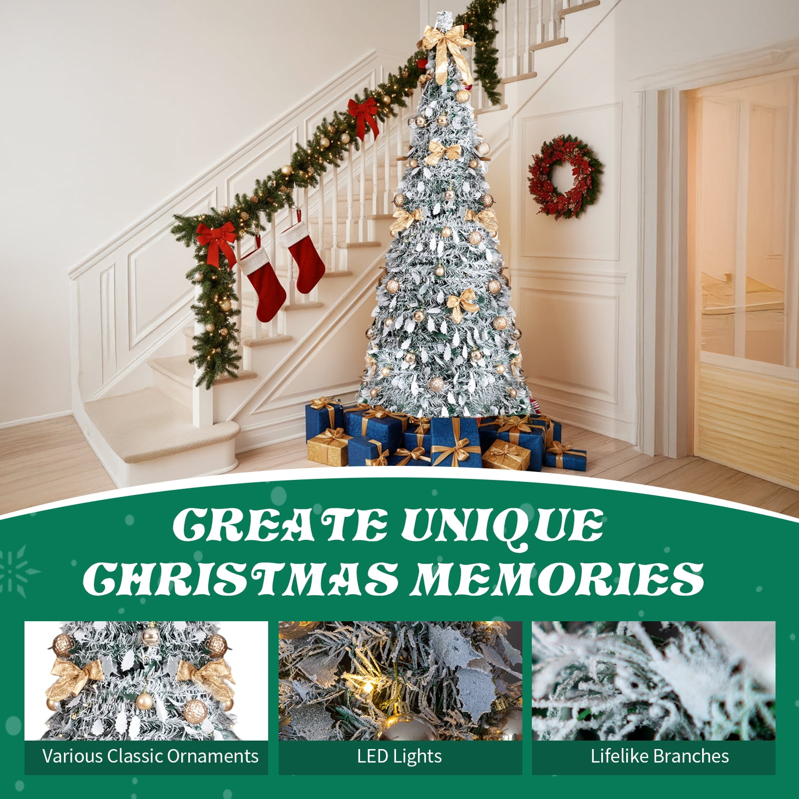 Astoutdoor 7 ft Snow Flocked Pre-lit Artificial Pop Up Christmas Tree with 170 Warm Lights and Ornaments, Snowy Green