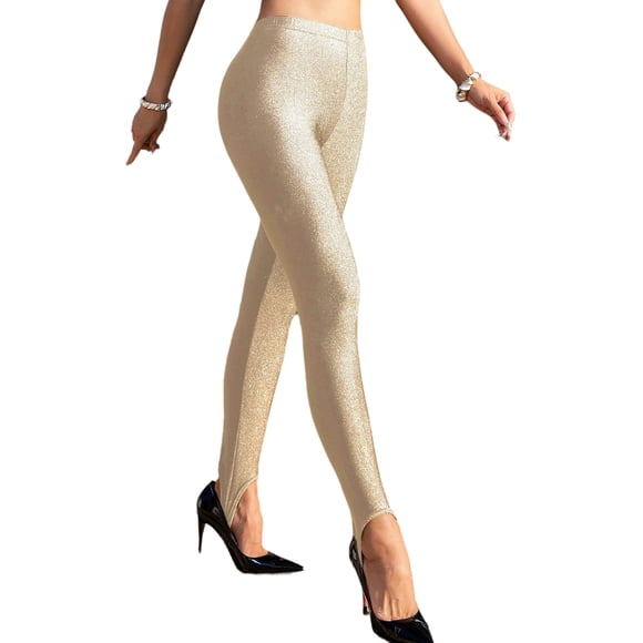 RUNQHUI Women's Elastic Waist Stirrup Pants Shimmery Skinny Leggings for Workout Loungewear Nude XL