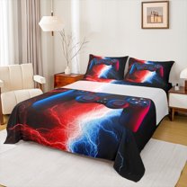 jejeloiu 3D Console Lovers Full Size Sheets,Modern Video Game Bed Sheets,Red Blue Lightning Sheet Sets For Boy,Super Cozy Room Decor,4 Pieces