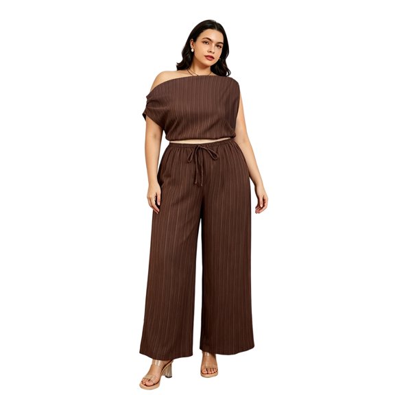 LMLYSoH Women's Plus Size Pants Set Stylish Textured Solid Color Sleeveless Crop Tops and Wide Leg Pants 2 Pcs Set