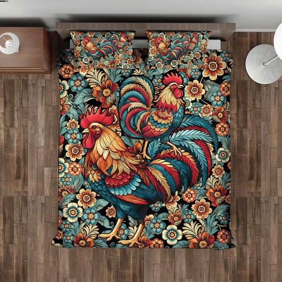 Lotusprinthandmade Floral Rooster Quilt Bedding Set (Fold Hem) 5 Sizes (Made in Vietnam) (55x60), Rustic Rooster And Floral Quilt Bedspread
