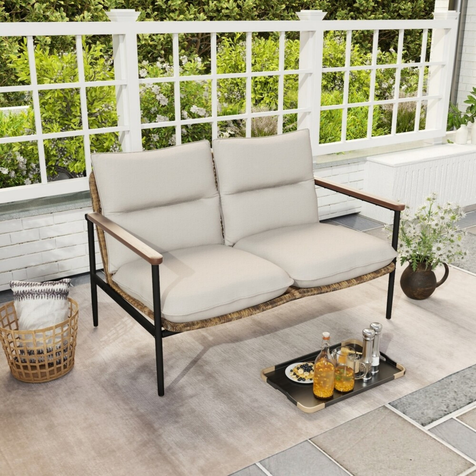 Aluminum Wicker Outdoor Loveseat with Cushions, 49.6" Patio Sofa, Hand-Woven Rattan, Deep Seating for Garden, Backyard, Balcony