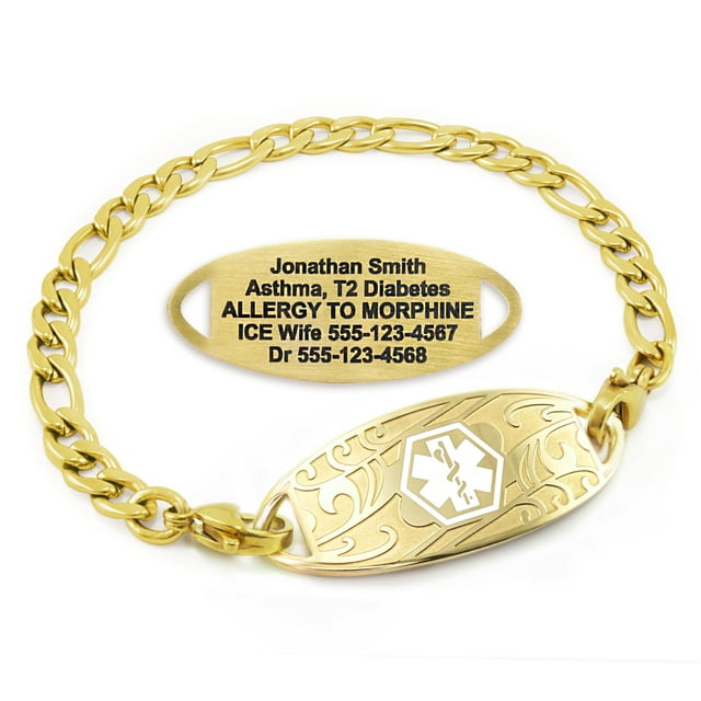 MedicEngraved Yellow Gold Stainless Steel Custom Medical Alert Bracelet - 5mm Figaro Link