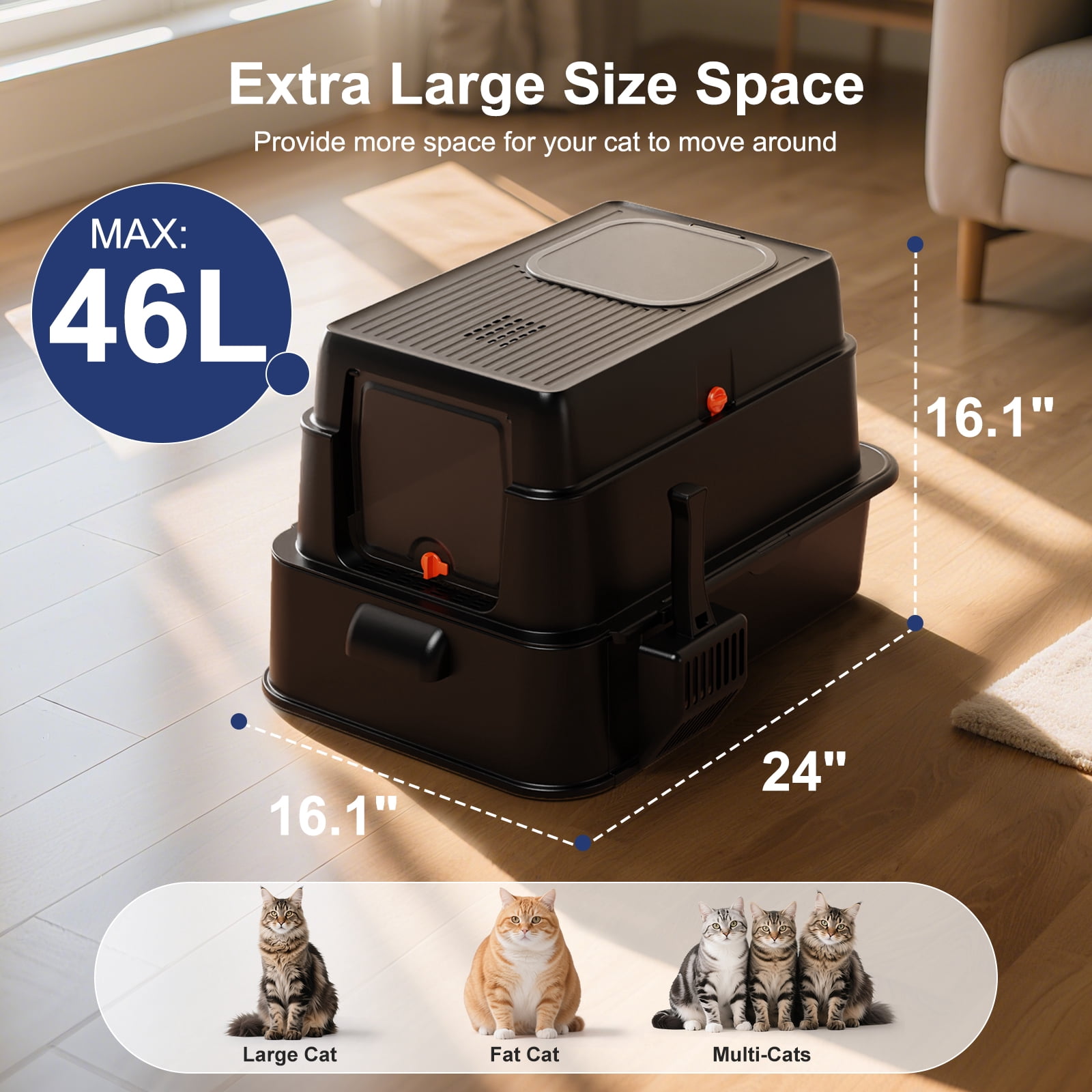 Stainless Steel Cat Litter Box with Lid, Foldable Enclosed Litter Box, Extra Large Metal Litter Box with Scoop and Mat, 24"*16.1"*16.1", Black