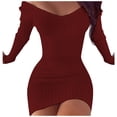 thumbnail image 2 of ZHOGXU Womens Casual Dress Long Sleeve V Neck Solid Color Knitted Fashion Comfortable Slim Fit Dresses For Casual Daily Wear,Red,S, 2 of 6