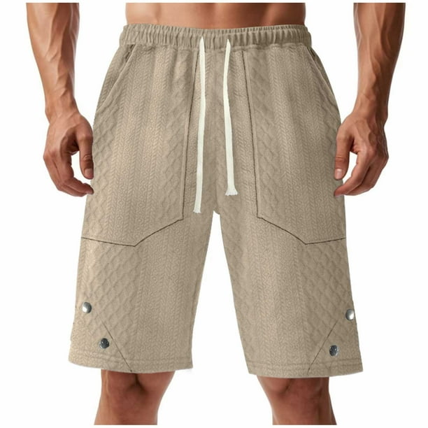 Hombres Carga Pantalones Cortos con Bolsillos, Color Sólido Casual Gran Bolsillo Botón Cordón Elástico-Cintura Mitad de Carga