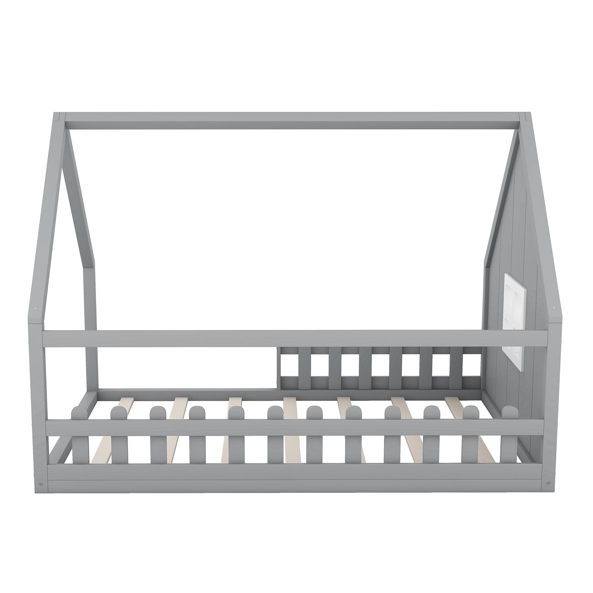 Euroco Wood Full Size House Bed, Low Profile Platform Bed, Gray