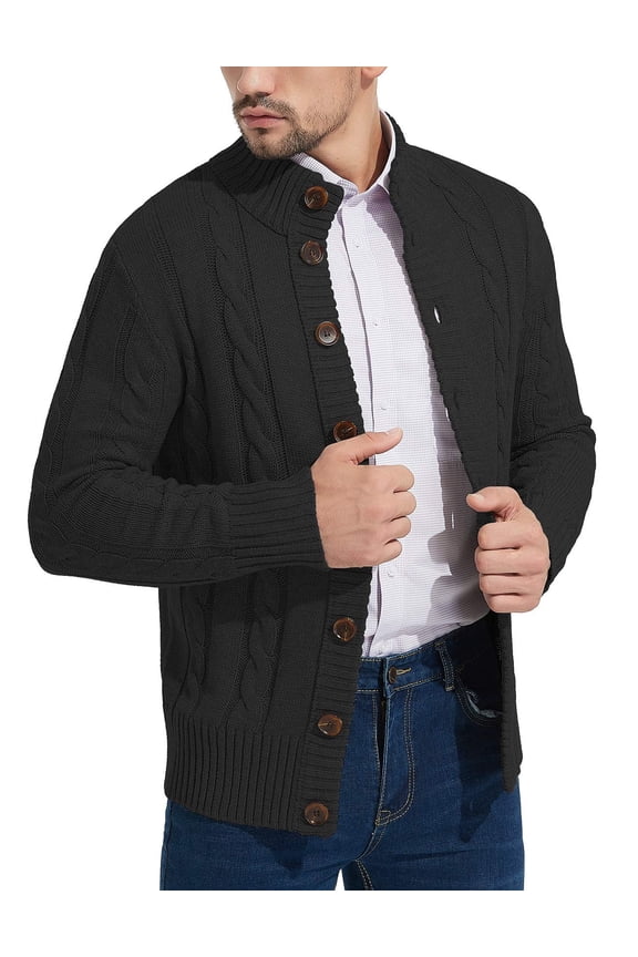 Mens Long Sleeve Stand Collar Cardigan Sweaters Button Down Cable Knitted Sweater