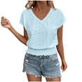 thumbnail image 2 of LEKWK Eyelet Tops for Women V Neck Short Sleeve Casual Summer Shirts Fashion Smocked Waist Solid Crop Top Beach Vacation Going Out Outfits, 2 of 5