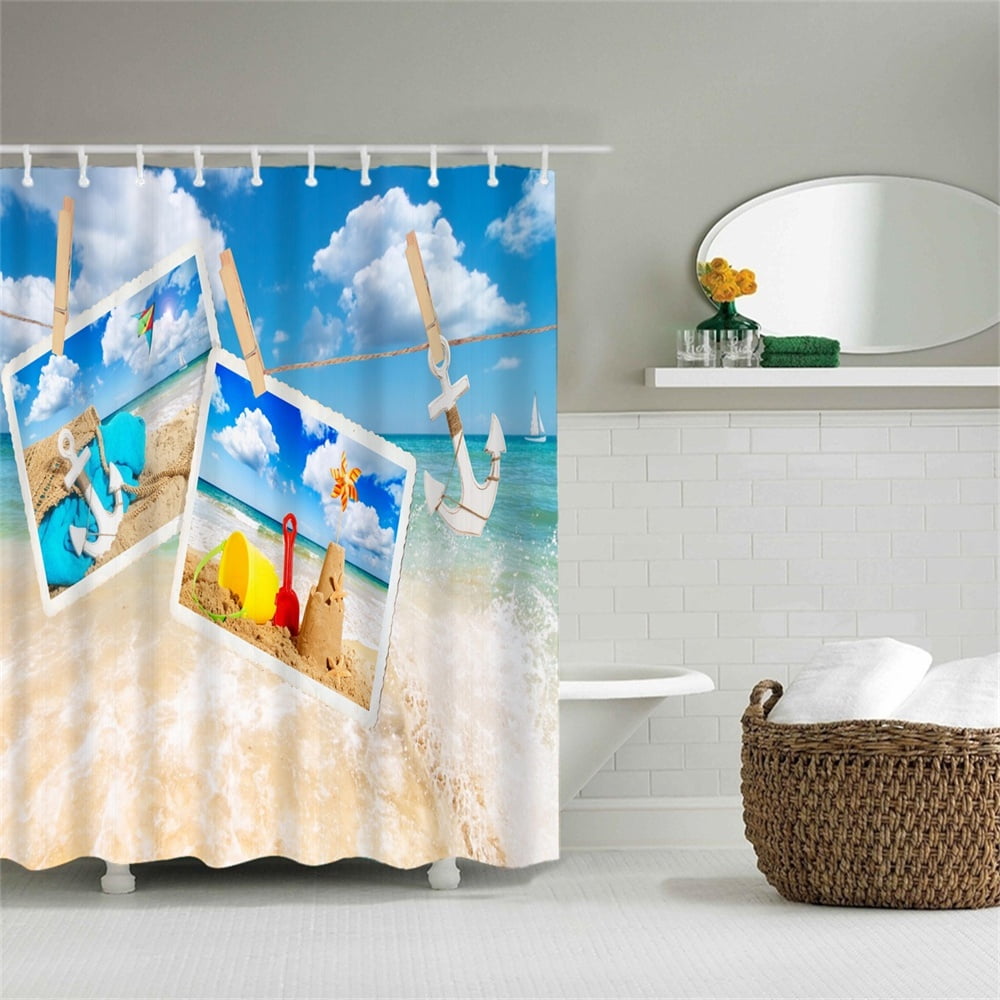 Beach Photos Shower Curtain With Hooks Anchors Sand Castle Blue Sky Indigo Sea Bathroom Decor Waterproof Polyester Fabric Bathroom Accessories Bath Curtain Teal Theme Walmart Canada