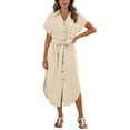 thumbnail image 2 of Sentmoon Robe d'Été Bohème Longue Maxi Robes pour Femmes 2026 Couleur Unie Manches Courtes Col à Revers Boutonnée à Nouer Coupe Régulière Robes d'Été Décontractées pour Femmes avec Poches P-3TG, 2 of 7
