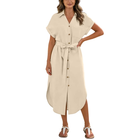 Admvng Womens Belted Shirt Dress Solid Collared Short Sleeve Side Slits Casual Comfy Dresses