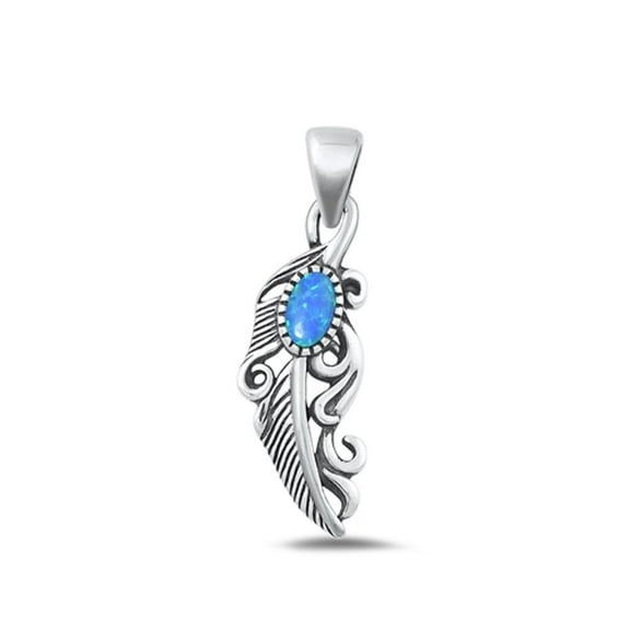 Sterling Silver Oxidized Blue Simulated Opal Feather Pendant Charm .925 New Jewelry Female Unisex
