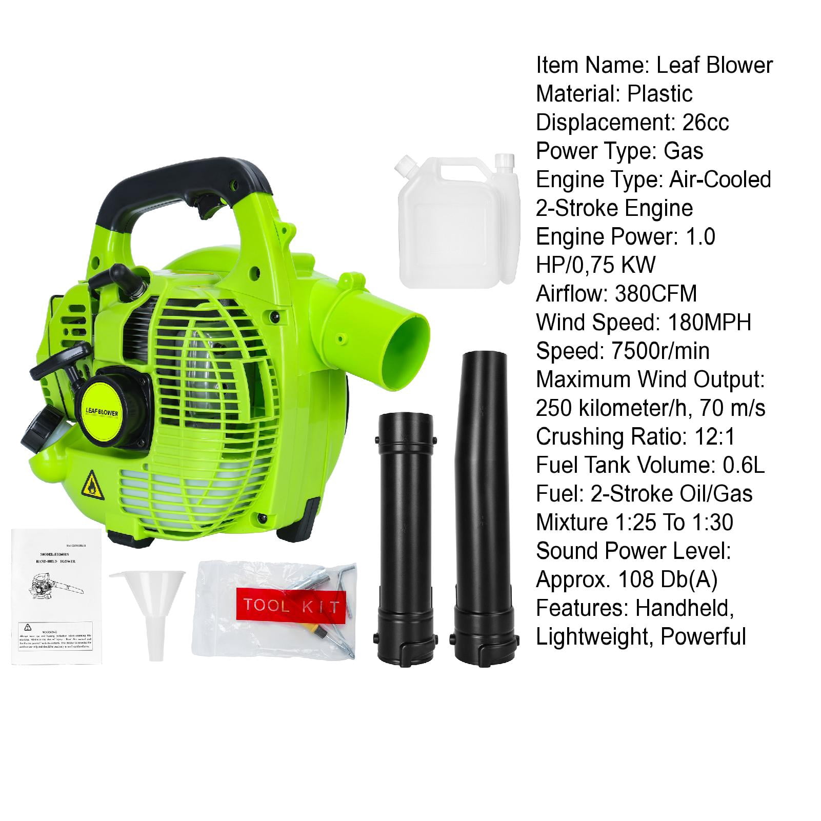 Taolixe 26cc 2-Cycle Gas Powered Leaf Blower, 380 CFM/180 MPH, Lightweight, Handheld Gas Blower