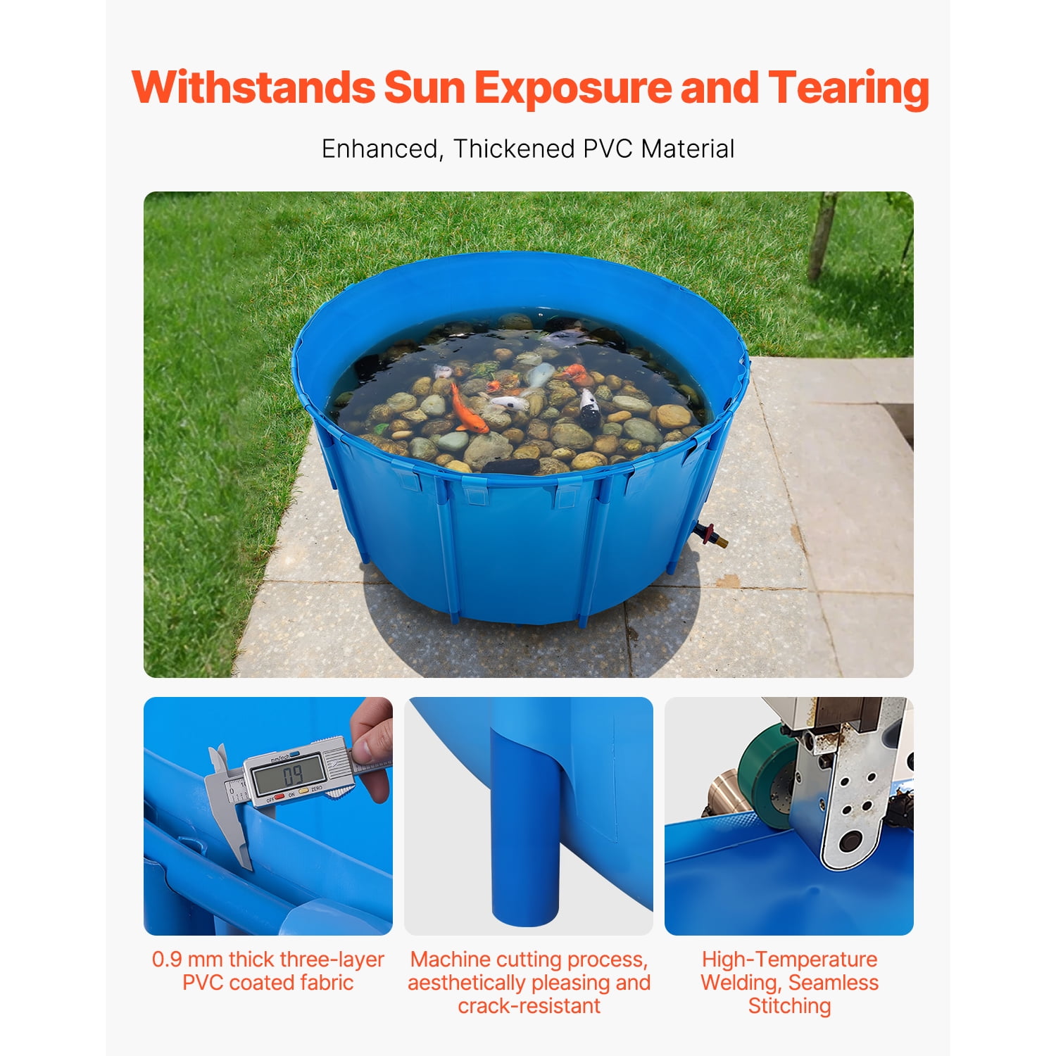 KFFKFF 1200Gal Collapsible PVC Fish Pond, Heavy Duty Canvas Koi Basin with Robust Frame & Drain Valve, Circular Above Ground Tank for Koi & Goldfish Farming