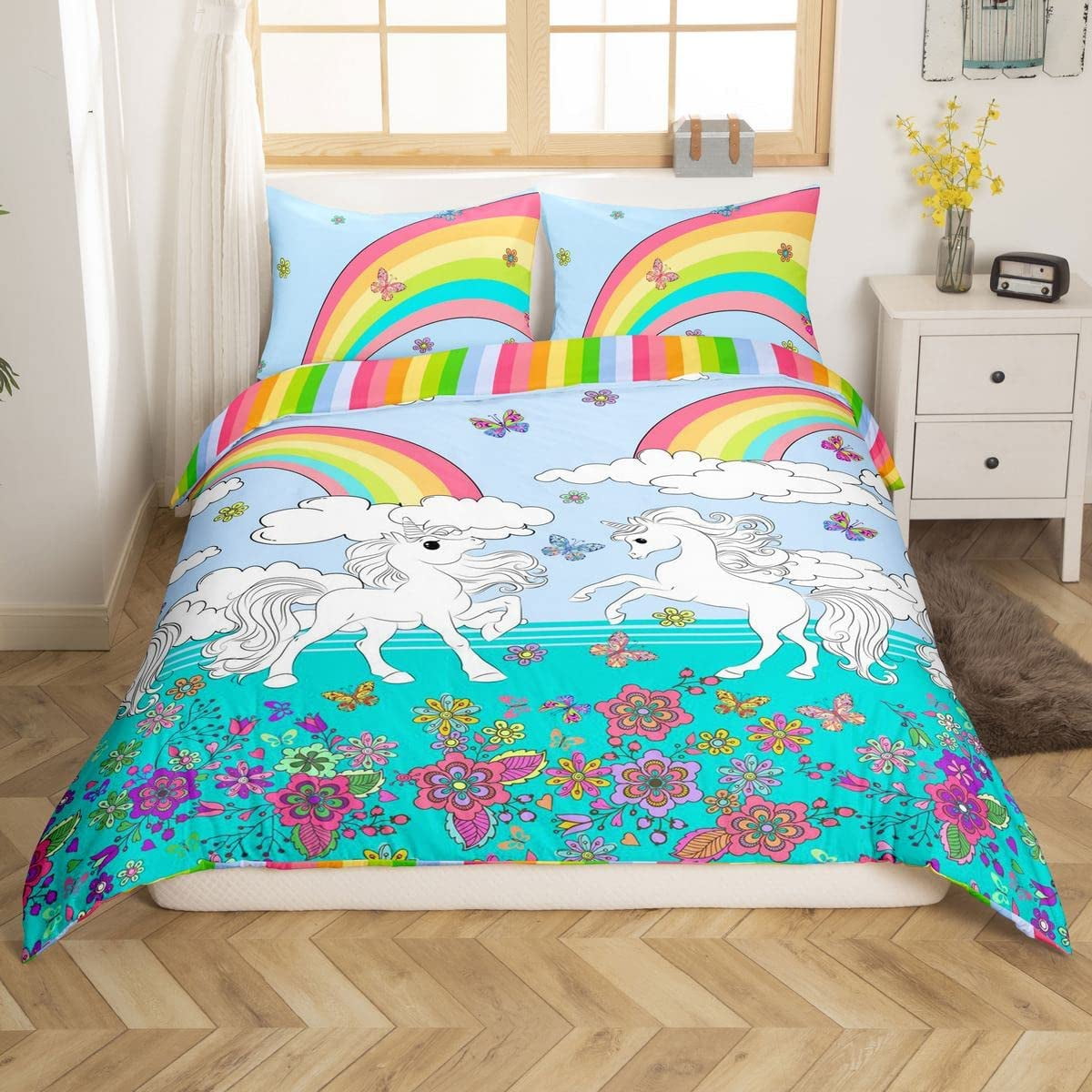 HHHC Girls Dreamy Horse Bedding Set Queen Kids Unicorn Floral Rainbow Duvet Cover for Children Bedroom Colorful Farmhorse Butterflies Decor Comforter Cover Magical Animal Bedspread Cover Walmart