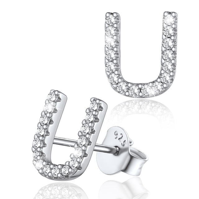 Silvora Pendientes pequeños de plata esterlina con inicial de circonita cúbica Pendientes con letra U Regalo de cumpleaños de Navidad para su mamá, novia e hija