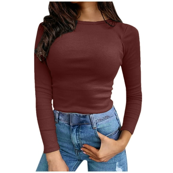 BLVB Womens Ribbed Long Sleeve Crewneck Shirts Tight Sweaters Slim Basic Casual Tops Fall Winter Fashion Clothes