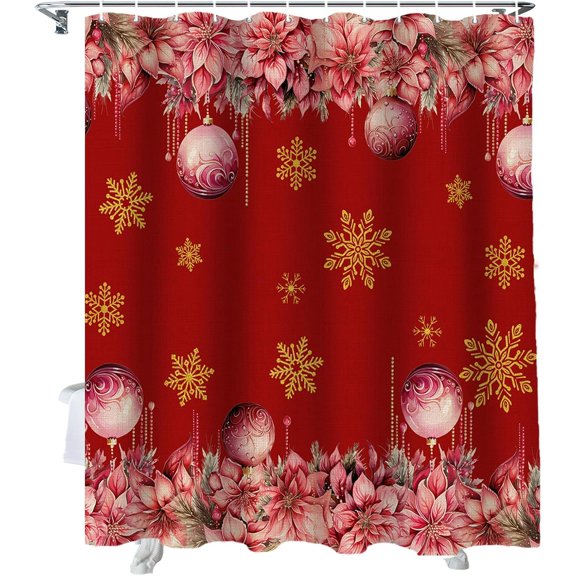 Christmas Shower Curtain Pink Poinsettia Shower Curtains for Bathroom Decor Snowflake Xmas Ball Christmas Decoration Bath Curtains Sets with Hooks Waterproof, 84x72 in