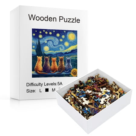 Wooden Jigsaw Puzzle - Cats Under Starry Night 28cm Square Irregular Animal-Shaped Pieces Challenging Family Game for Adults & Kids Van Gogh Inspired Art Home Wall Decor