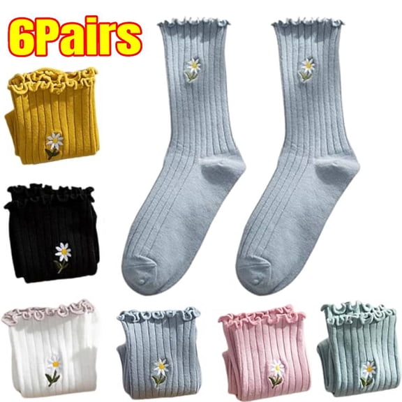 6 Pairs Women's Ruffle Socks, Women‘s Fun Novelty Crew Colorful Fashion Casual Socks