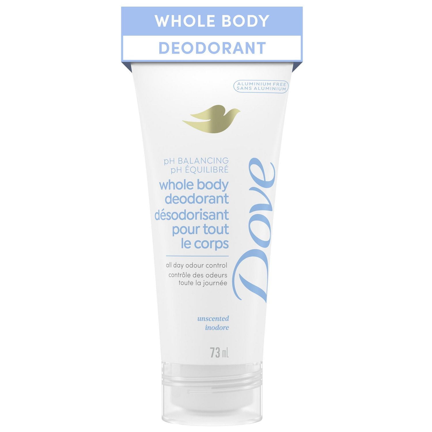 Dove Crème Déodorante Sans Aluminium Pour Tout le Corps Dove, Équilibrant le pH Hypoallergénique, Non Parfumée, 72 heures de protection anti-odeurs 73 mL