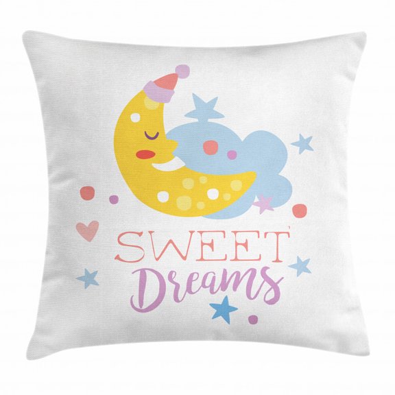 Sweet Dreams Throw Pillow Cushion Cover, Colorful Illustration with Hand Lettering Quote with Stars and Crescent Moon, Decorative Square Accent Pillow Case, 16 X 16 Inches, Multicolor, by Ambesonne