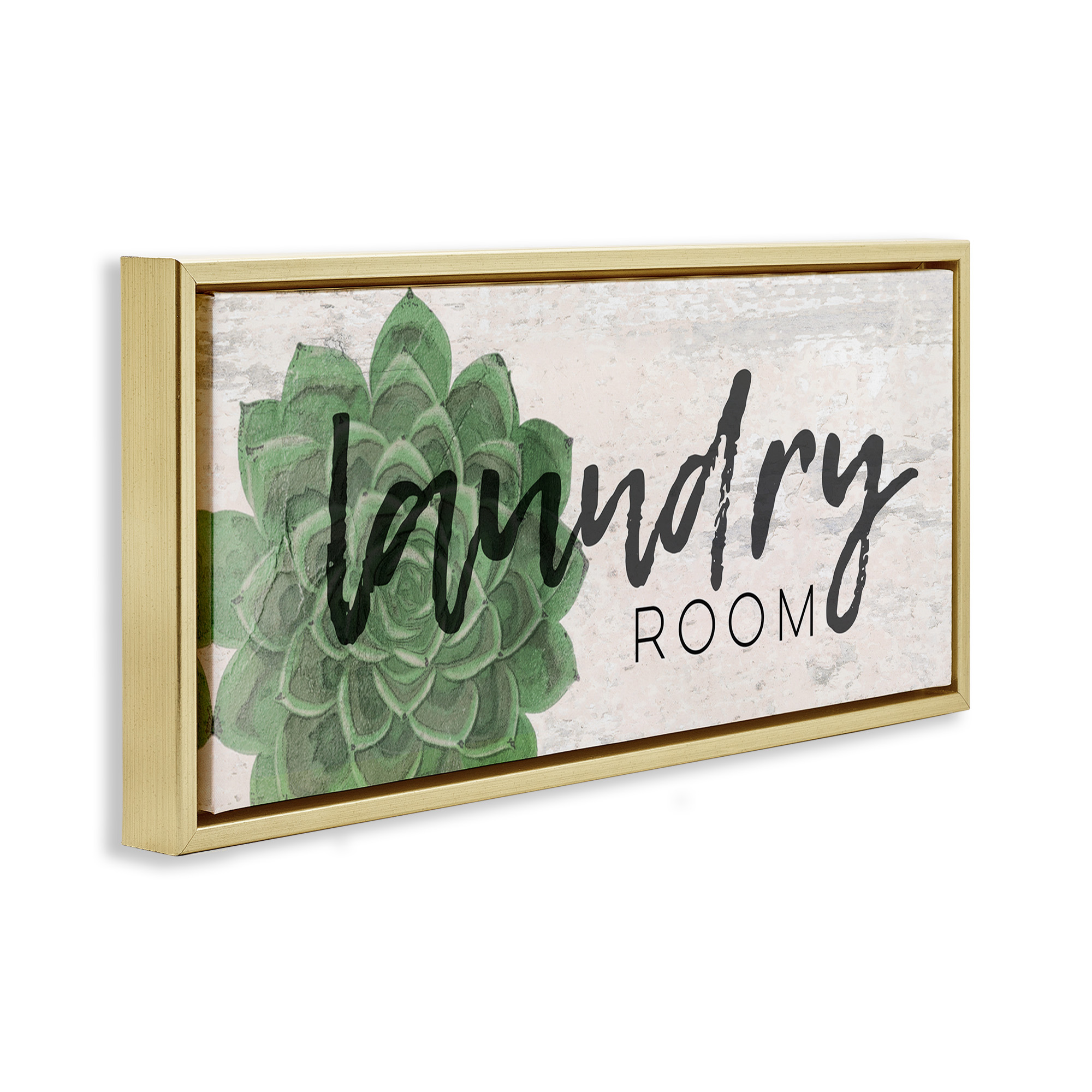Stupell Industries Laundry Room Green Succulent Botanical & Floral Painting Gold Floater Framed Canvas Art Print Wall Art, 31 x 14