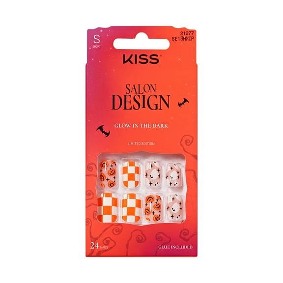 KISS Salon Design Halloween Press On Nails, ‘How Cinematic’, Orange, Squoval, 24 Count