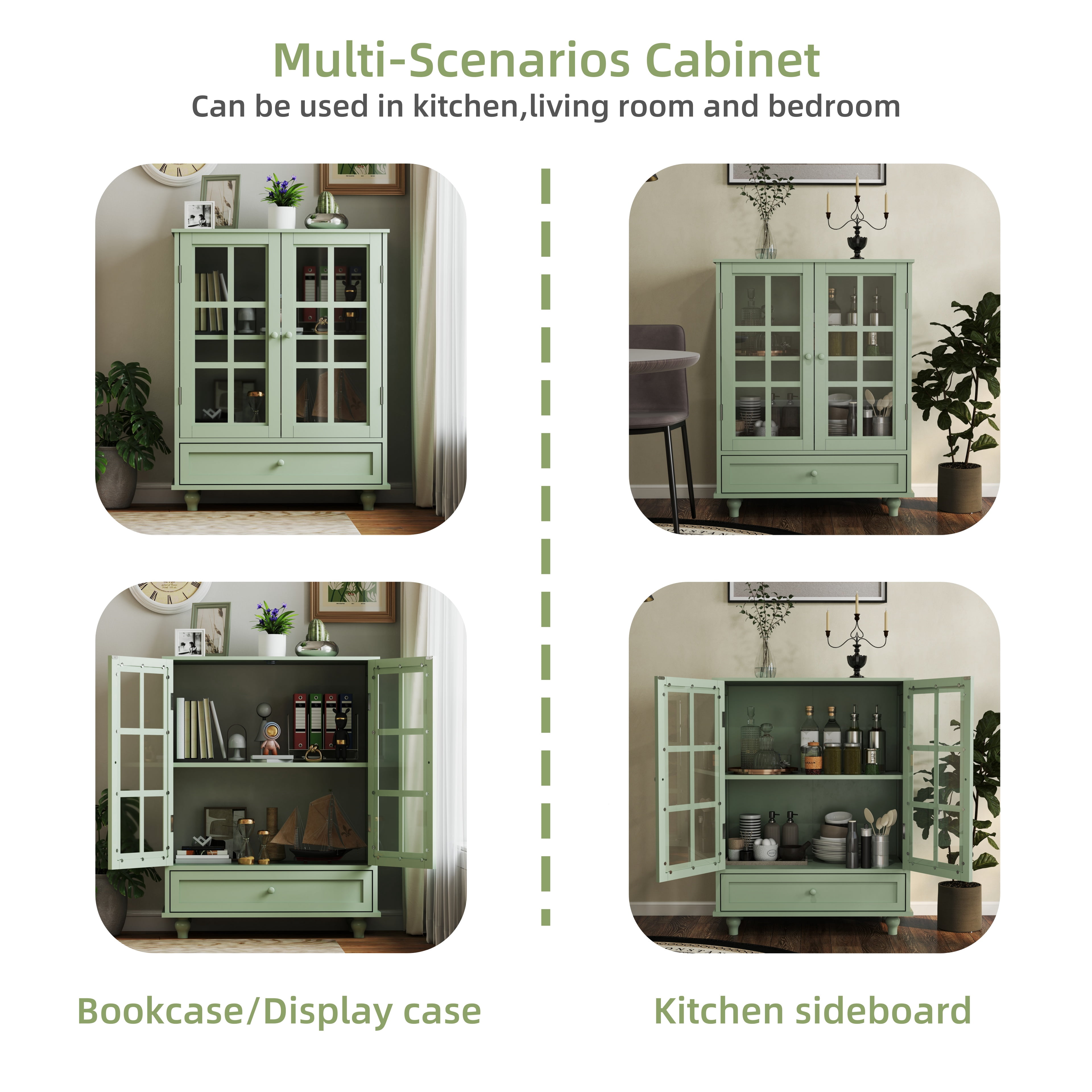 TrumanPick Sideboard Buffet Cabinet with Glass Doors & Drawer - 36" Kitchen Pantry Storage Cabinet for Dining Room, Living Room Coffee Bar, Green