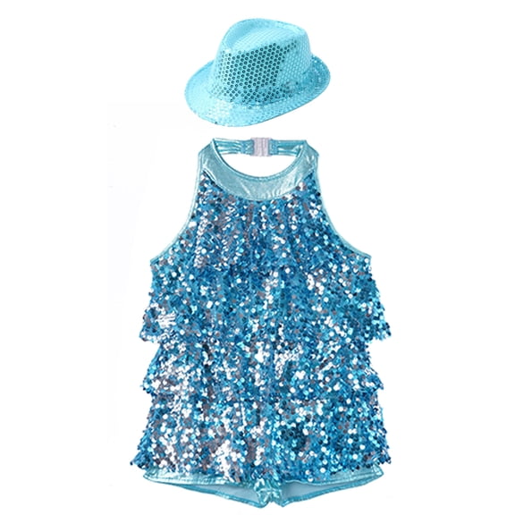 YEAHDOR Kids Girls Tiered Shiny Sequins Leotard with Hat Modern Jazz Dancewear Performance Competition Costume Sky Blue 12