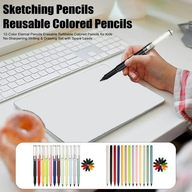 12-Color Eternal Pencils Erasable Refillable Colored Pencils for Kids No-Sharpening Writing & Drawing Set with Spare Leads