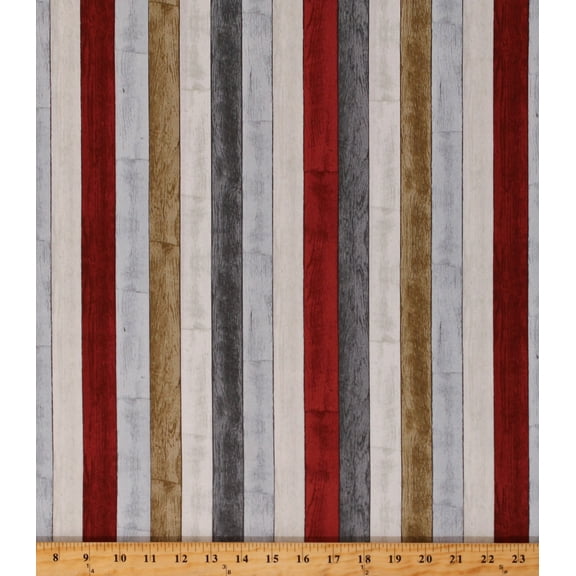 Cotton Stripes Wooden Planks Boards Striped Red Gray Tan Cotton Fabric Print by the Yard (53132-X)