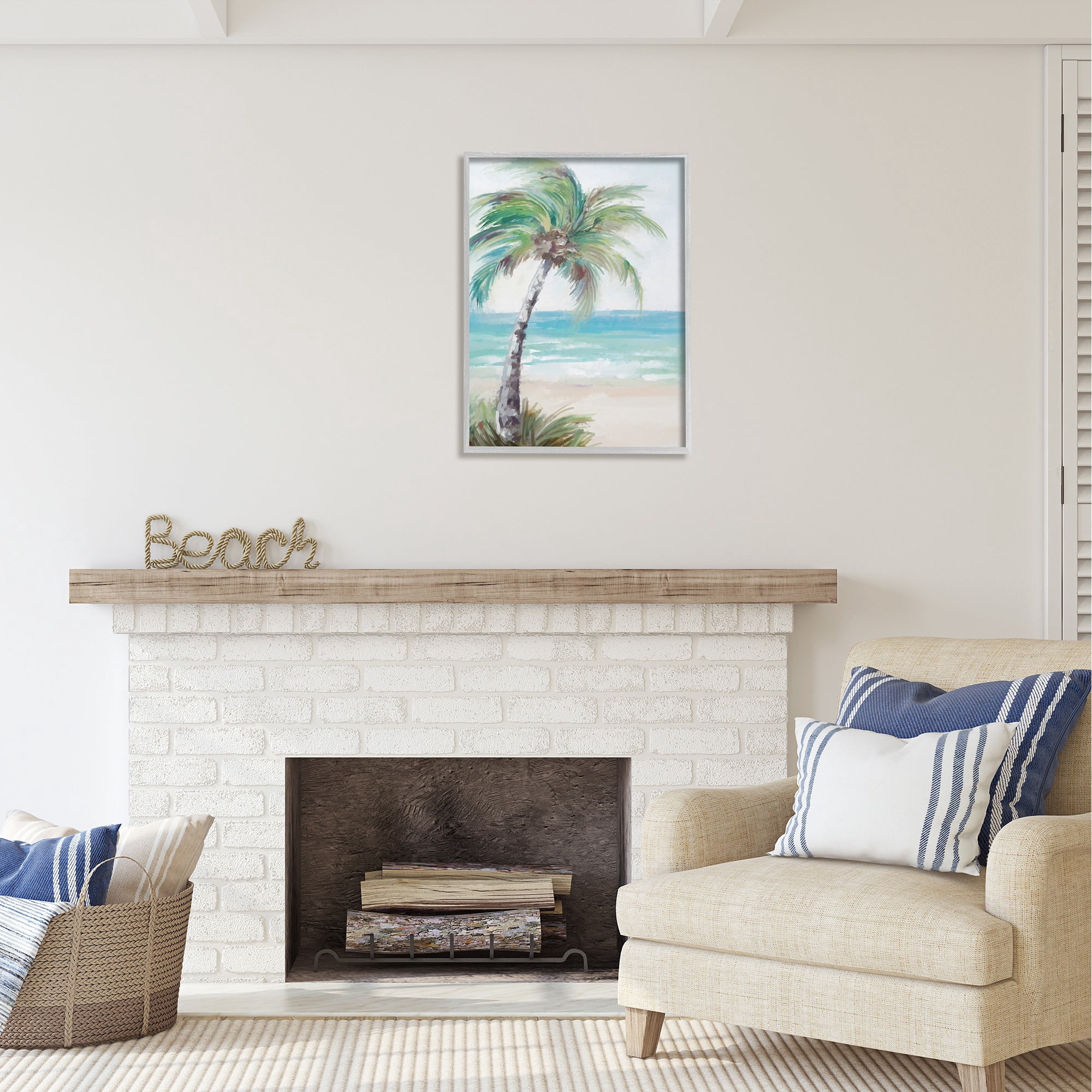 Stupell Industries Soft Palm Tree on Beach Landscape Painting Gray Framed Art Print Wall Art, 24 x 30