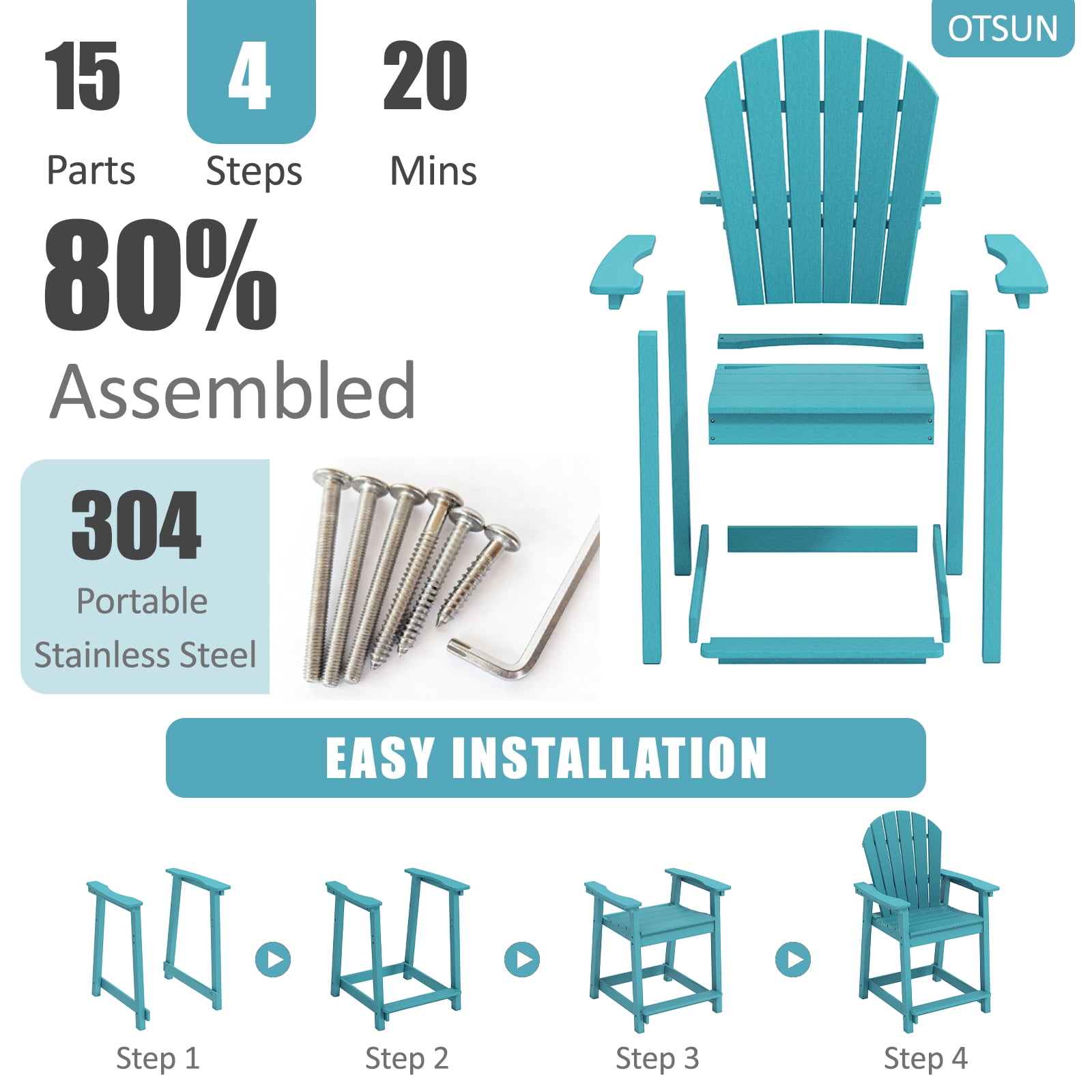 OTSUN Tall Modern Adirondack Chair, All Weather HDPE Bar Height Adirondack Stools Widened Durable Design for Porch Patio Yard Lawn Fire Pit Bistro Basement Indoors & Outdoors