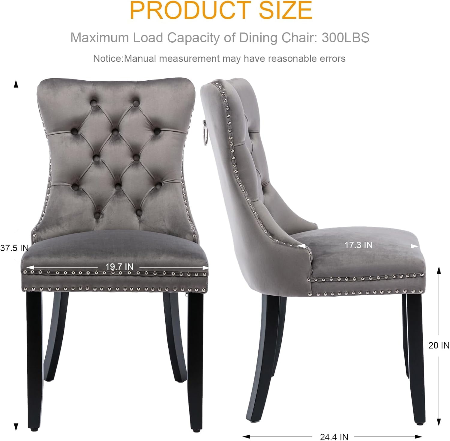 MOONMISS Dining Chairs 2-Pcs Set, High-end Velvet Upholstered Accent Chairs Button Tufted Dining Chairs with Back Ring Pull and Nailhead Trim,Gray