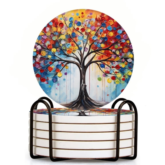 Tree With Branches Covered In Multi-Colored Balloons Set of 6 Ceramic Coasters with Holder, Absorbent Drink Bar Coasters, Table Coasters for Living Room Decor Tabletop Protection