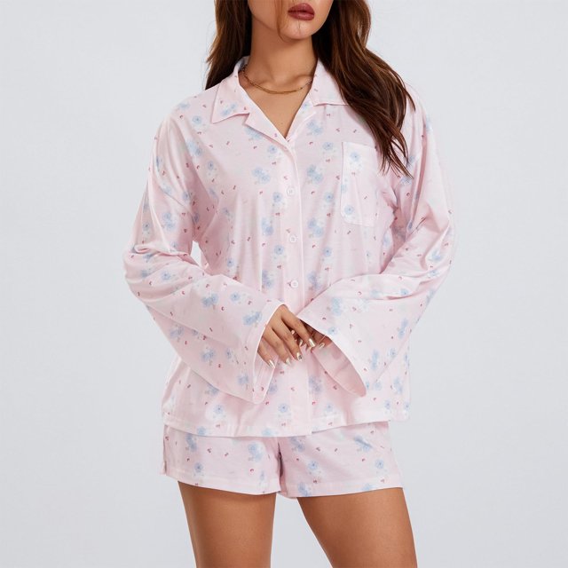 Pijamas Navideñas Conjunto de camisón y pantalones cortos con cuello de solapa Conjunto de ropa de dormir informal y acogedor para mujer Ygjytge Rosa T S para Mujer