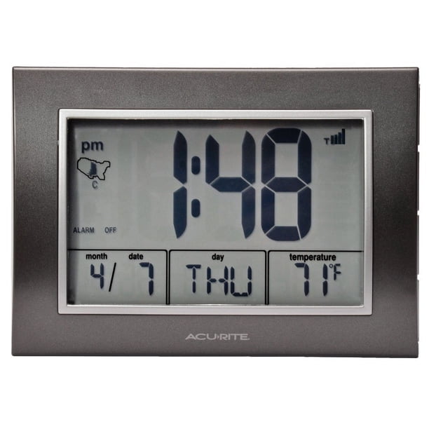 Reloj despertador Atomic AcuRite con fecha, día de la semana, gris