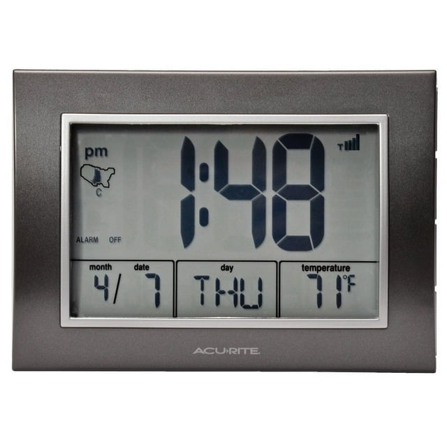 Reloj despertador Atomic AcuRite con fecha, día de la semana, gris