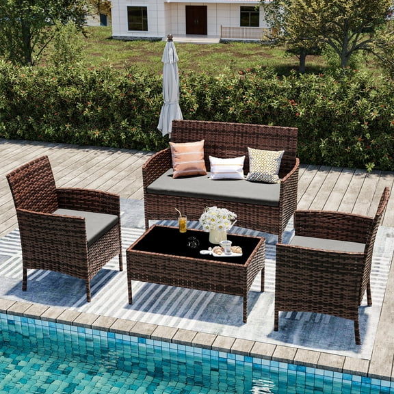 UDPATIO 4 Pieces Outdoor Patio Furniture,Sectional Conversation Sets,Brown PE Rattan Patio Chairs with Table and Loveseat for Balcony, Porch, Backyard,(Gray Cushion)