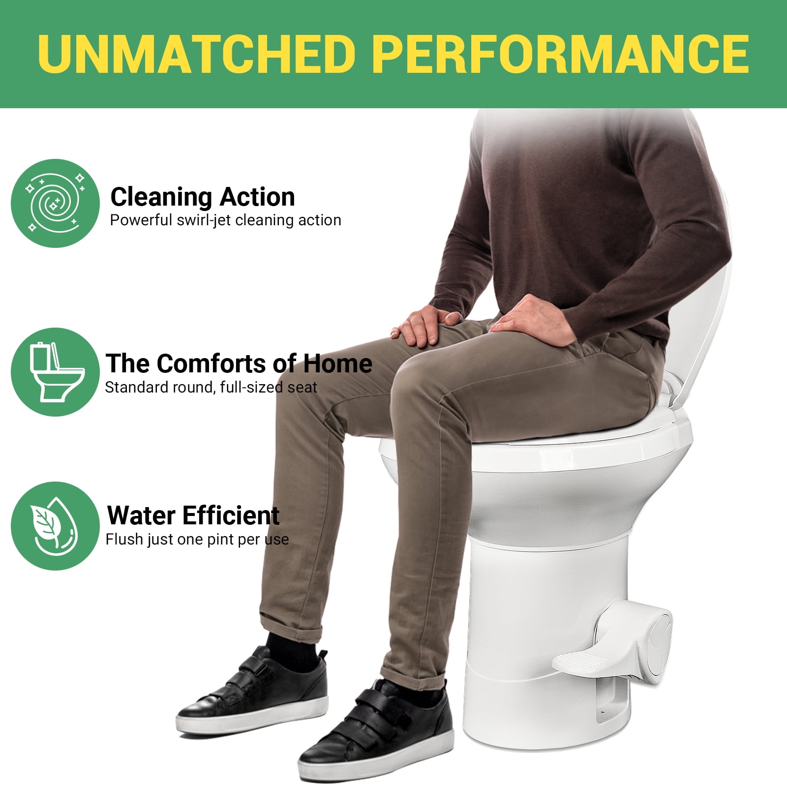 Portable RV Toilet With Pedal Flush, High Profile lightweight toilet - White