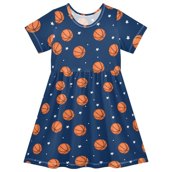 Basketball Star Short Sleeve Dress A-Line Cute Midi Casual Sundress 2-8 Years
