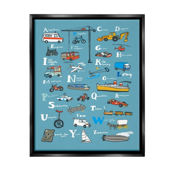 Stupell Industries Various Vehicles Alphabet Transportation Painting Black Floater Framed Canvas Art Print Wall Art, 17 x 21