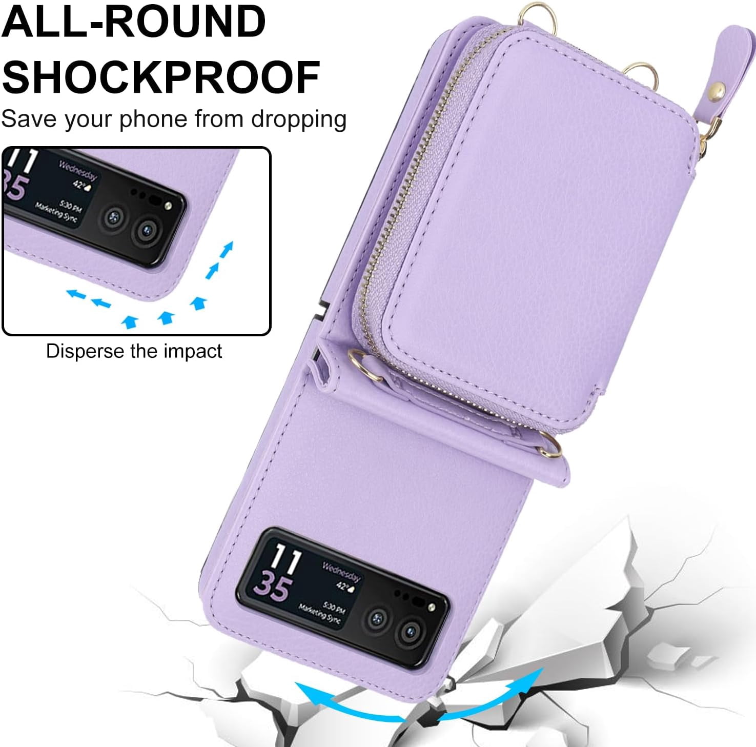 REQO Phone Case for Motorola Razr 40/Moto Razr 2023 Wallet Cover with Credit Card Holder Zipper Slot Shoulder Crossbody Strap Lanyard RFID Blocking Mobile TPU Cell Purse XT2323-6 Women Girls Purple