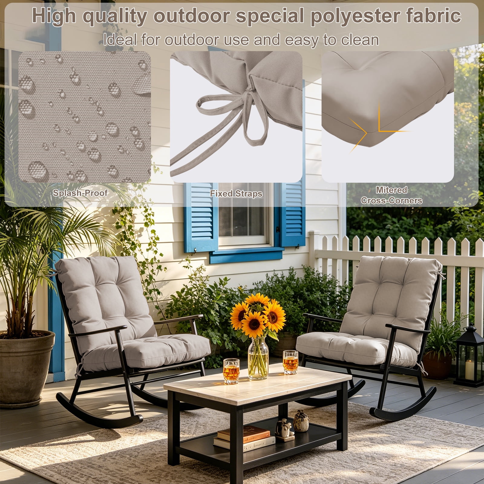 2-Pack 42"x21"x4" Outdoor Chair Cushions, High Back Soft Seat Pad with Ties, Fade-Resistant & Waterproof for Patio Dining/Rocking Chairs, Indoor/Outdoor Use,Khaki